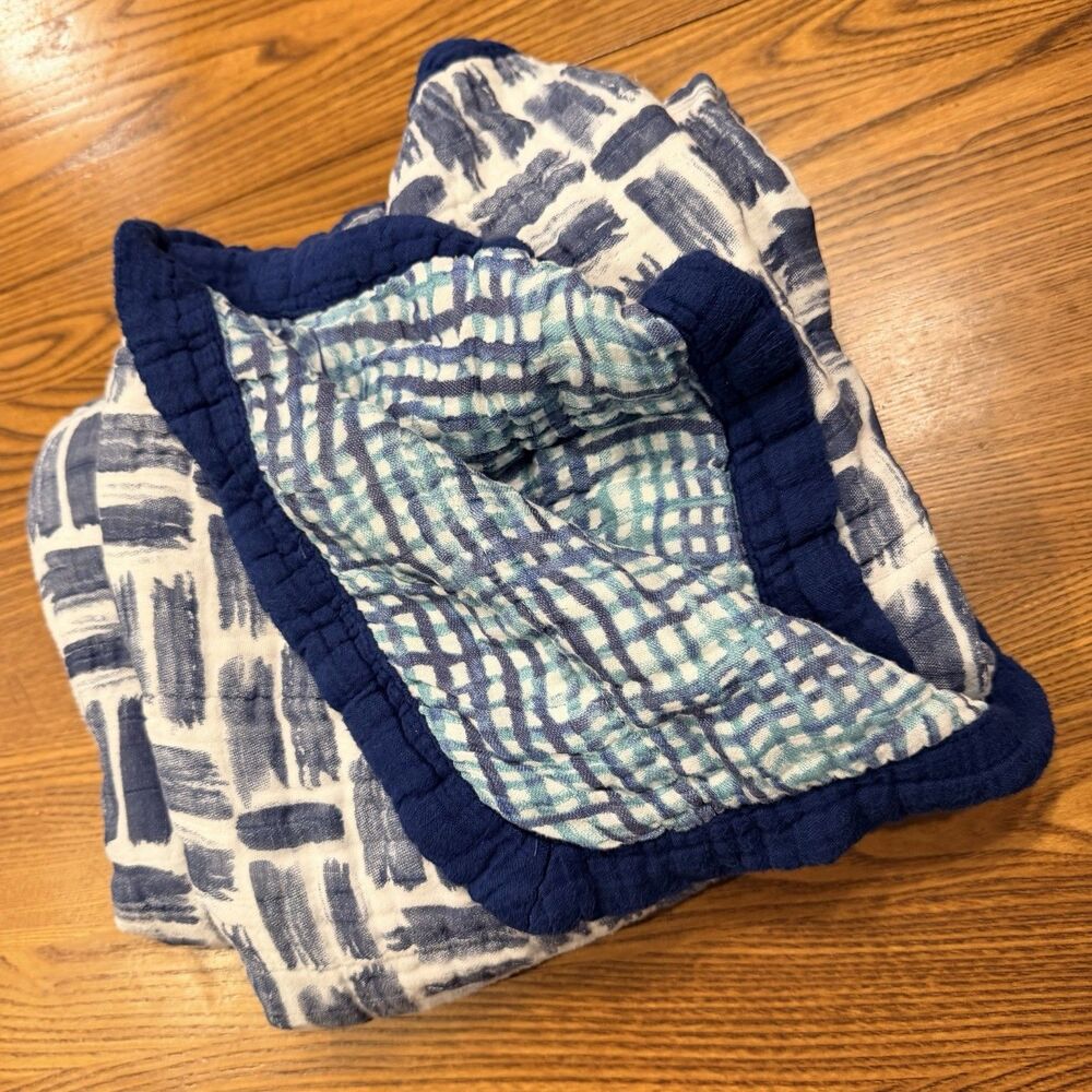Aden + Anais Muslin Dream Blanket Baby White Blue Multi Layer Bamboo Cooling